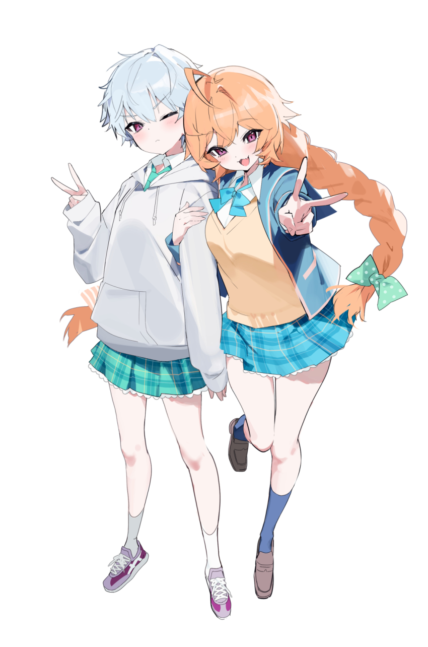 2girls :d ahoge aqua_necktie aqua_skirt arm_hug blue_bow blue_bowtie blue_jacket blue_skirt blue_socks bow bowtie braid closed_mouth collared_shirt commentary floating_hair full_body fuubuu girlfriend_(kari) hair_bow highres hood hood_down hoodie jacket kimijima_satoru loafers long_hair looking_at_viewer multiple_girls necktie one_eye_closed open_clothes open_jacket open_mouth orange_hair pink_eyes plaid_clothes plaid_skirt pleated_skirt polka_dot polka_dot_bow school_uniform shirt shoes short_hair simple_background skirt sleeves_past_wrists smile sneakers socks standing standing_on_one_leg suzukawa_rino sweater_vest twin_braids v v-shaped_eyebrows white_background white_hair white_hoodie white_shirt yellow_sweater_vest