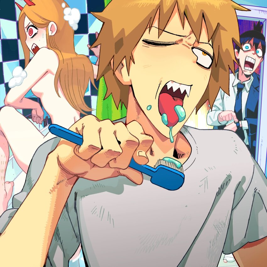 1girl 2boys aisendraw bathroom black_hair blonde_hair blue_eyes brushing_teeth chainsaw_man collared_jacket collared_shirt convenient_censoring cross-shaped_pupils demon_girl demon_horns denji_(chainsaw_man) hayakawa_aki high_ponytail highres holding holding_razor horns jacket jacket_partially_removed leg_hair long_hair multiple_boys nude one_eye_closed open_mouth ponytail power_(chainsaw_man) razor safety_razor sharp_teeth shaving shaving_leg shirt short_ponytail shower_curtain sweatdrop symbol-shaped_pupils teeth tongue tongue_out toothpaste watch white_shirt wristwatch yellow_eyes