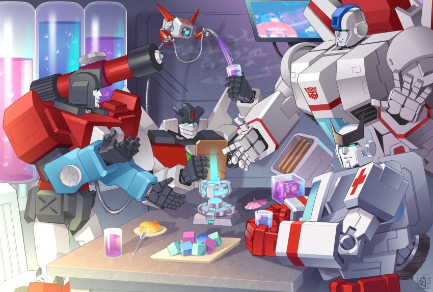 4boys autobot blue_eyes cup energon energon_cube highres holding holding_cup jetfire lantana0_0 looking_at_viewer looking_down mecha multiple_boys no_humans open_hands perceptor_(transformers) ratchet_(transformers) robot sitting transformers v-fin waving wheeljack