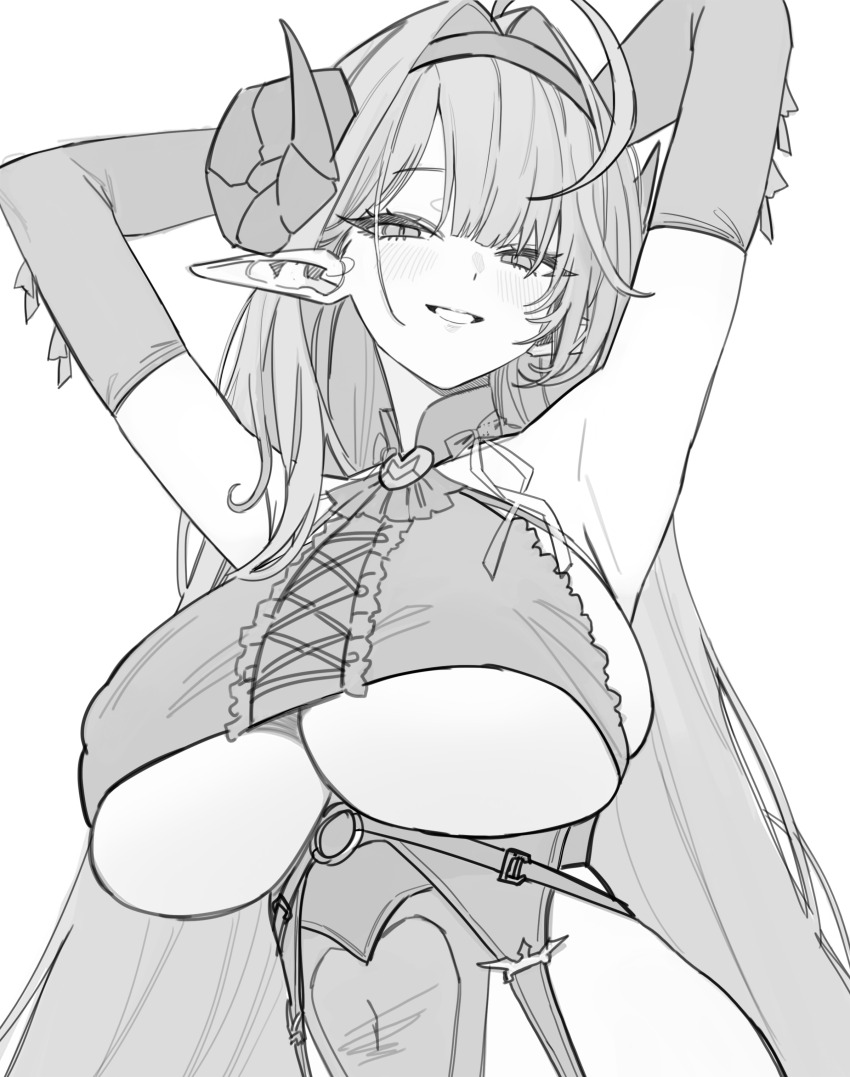 1girl absurdres armpits arms_behind_head ascot azur_lane black_gloves black_horns breasts curled_horns demon_girl demon_horns elbow_gloves freng garter_straps gloves greyscale highres hindenburg_(azur_lane) horns large_breasts long_hair monochrome pointy_ears sideboob sketch underboob unfinished very_long_hair
