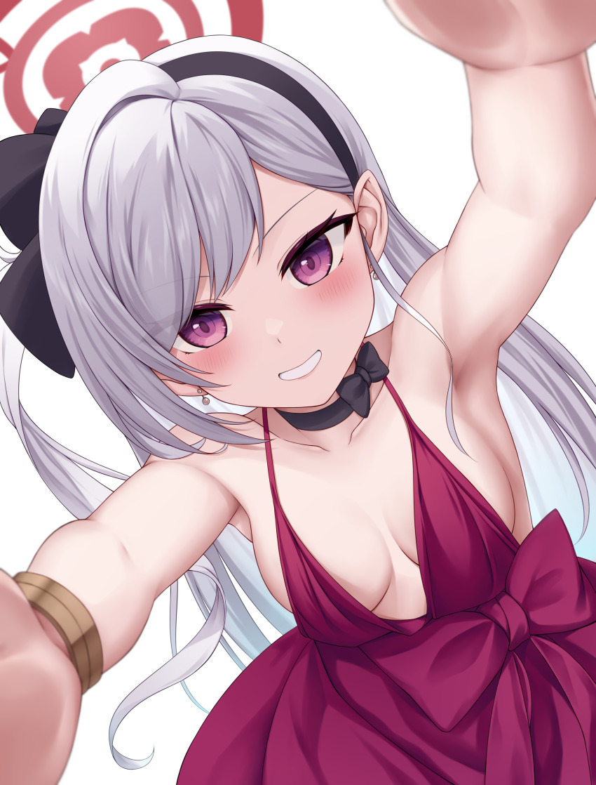 1girl absurdres black_choker black_hairband blue_archive blush breasts chien_zero choker collarbone commentary dress earrings grey_hair grin hairband halo highres jewelry long_hair looking_at_viewer medium_breasts mutsuki_(blue_archive) mutsuki_(dress)_(blue_archive) official_alternate_costume pointy_ears purple_dress purple_eyes red_halo simple_background sleeveless sleeveless_dress smile solo white_background