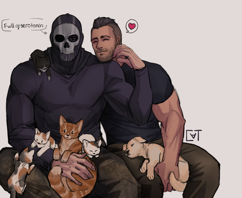 2boys absurdres animal asymmetrical_hair bara black_hair black_shirt call_of_duty call_of_duty:_modern_warfare_2 cat closed_eyes closed_mouth couple dog english_text facial_hair ghost_(modern_warfare_2) green_pants heart highres male_focus mask multiple_boys muscular muscular_male pants pectorals shirt short_hair sidecut simple_background sitting skull_mask smile soap_(modern_warfare_2) sundaycat3 undercut yaoi