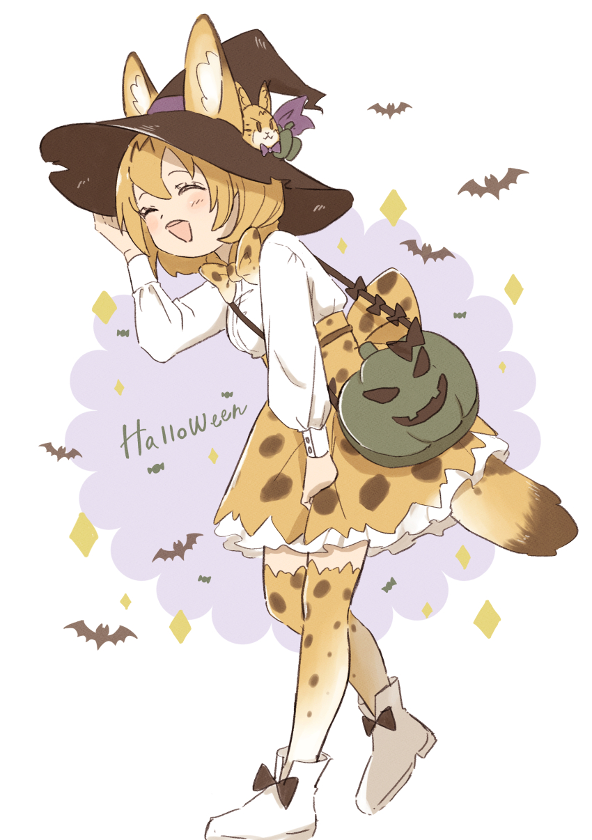 0nanaten absurdres adapted_costume adjusting_clothes adjusting_headwear animal_ears animal_print back_bow bat_(animal) blonde_hair blush boots bow bowtie cat_ears cat_girl cat_tail closed_eyes ears_through_headwear hair_between_eyes halloween halloween_bucket halloween_costume hat high-waist_skirt highres kemono_friends long_sleeves open_mouth print_bow print_bowtie print_skirt print_thighhighs puffy_sleeves serval_(kemono_friends) shirt short_hair sidelocks skirt smile tail thighhighs white_boots white_shirt witch_hat zettai_ryouiki