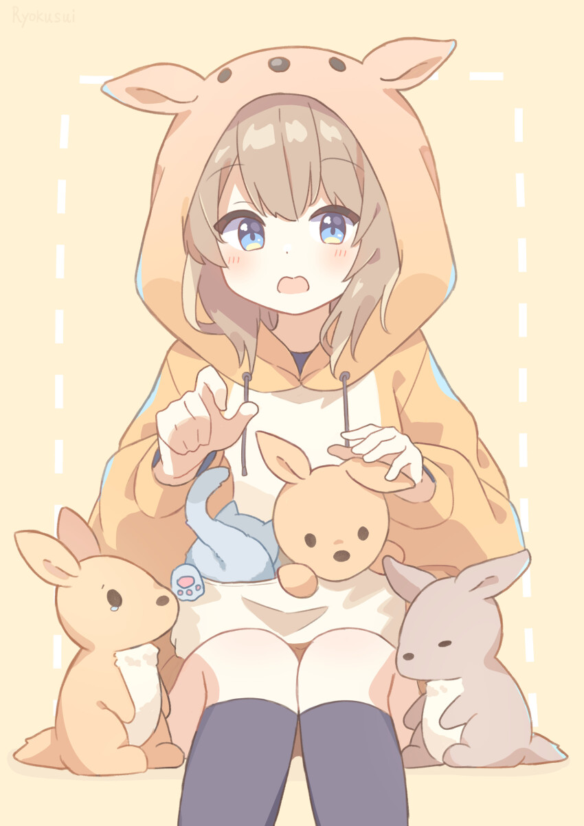 1girl absurdres animal animal_ears animal_hood black_socks brown_background commentary_request dotted_line drawstring fake_animal_ears highres hood hood_up hoodie kangaroo kangaroo_ears kangaroo_hood kneehighs long_sleeves original puffy_long_sleeves puffy_sleeves ryoku_sui simple_background socks solo tears white_hoodie