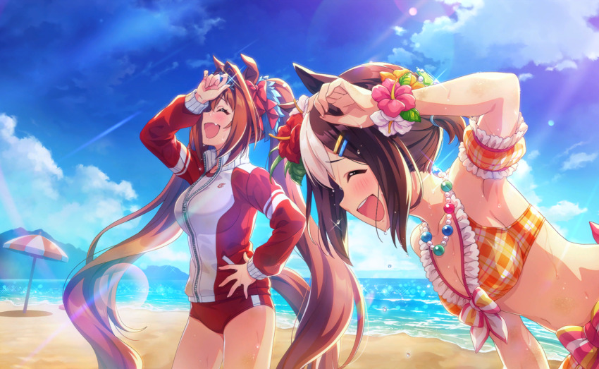 2girls ^_^ absurdly_long_hair animal_ears armpits artist_request bare_shoulders beach bead_necklace beads bikini blue_scrunchie blue_sky bow bowtie bracelet breasts brown_hair cleavage closed_eyes cloud collared_jacket cowboy_shot crest daiwa_scarlet_(umamusume) day detached_sleeves eyelashes fang flower flower_bracelet frilled_bikini frilled_sleeves frills from_side game_cg gym_shorts hair_between_eyes hair_bow hair_flower hair_ornament hair_scrunchie hair_tie hairclip hand_on_own_head hand_on_own_hip happy hibiscus high_collar highres horse_ears horse_girl horse_tail jacket jewelry large_breasts laughing leaf leaning_forward light_rays long_hair long_sleeves mountainous_horizon multicolored_hair multicolored_jacket multiple_girls navel necklace official_alternate_costume official_art orange_bikini orange_sleeves outdoors parallel_hairclips pink_bow pink_flower plaid_bikini plaid_clothes plaid_sleeves puffy_short_sleeves puffy_sleeves red_flower red_jacket red_shorts scrunchie shirt short_shorts short_side_ponytail short_sleeves shorts single_stripe sky small_breasts special_week_(hopp&#039;n_happy_heart)_(umamusume) special_week_(umamusume) stomach streaked_hair striped_bow striped_bowtie striped_clothes sun swimsuit tail teeth thighs tracen_training_uniform track_jacket twintails two-tone_hair two-tone_jacket umamusume upper_teeth_only very_long_hair waist_bow wavy_hair wet white_bow white_bowtie white_flower white_hair white_jacket white_shirt yellow_flower zipper zipper_pull_tab