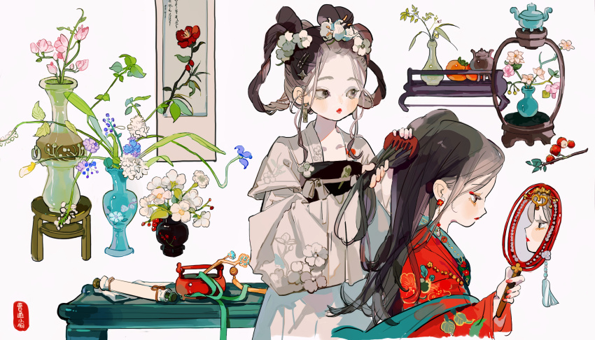 2girls brown_eyes brown_hair brushing_hair chinese_clothes closed_mouth comb earrings expressionless eyelashes eyeshadow fingernails flower grey_hanfu hair_flower hair_ornament hanfu highres holding holding_comb holding_mirror jewelry lips long_hair looking_to_the_side makeup mirror multiple_girls nail_polish original pink_flower plant potted_plant profile putong_xiao_gou red_eyeshadow red_flower red_hanfu red_lips red_nails reflection scroll table vase white_background white_flower