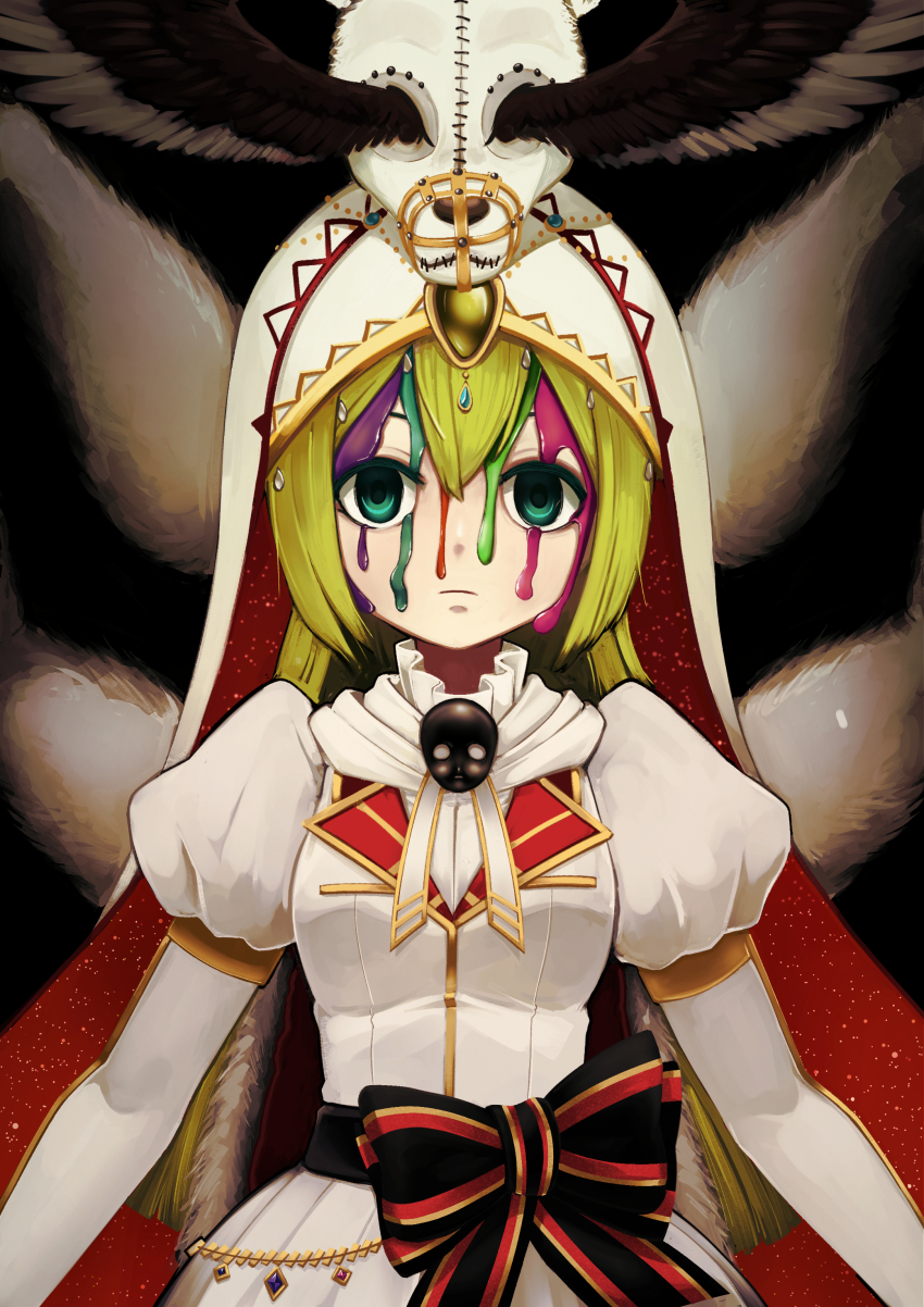 1girl absurdres alina_gray black_ribbon dress empty_eyes expressionless eyebrows_hidden_by_hair green_eyes green_hair highres holy_alina hood jacy juliet_sleeves long_sleeves magia_record:_mahou_shoujo_madoka_magica_gaiden mahou_shoujo_madoka_magica paint puffy_sleeves ribbon solo upper_body white_dress