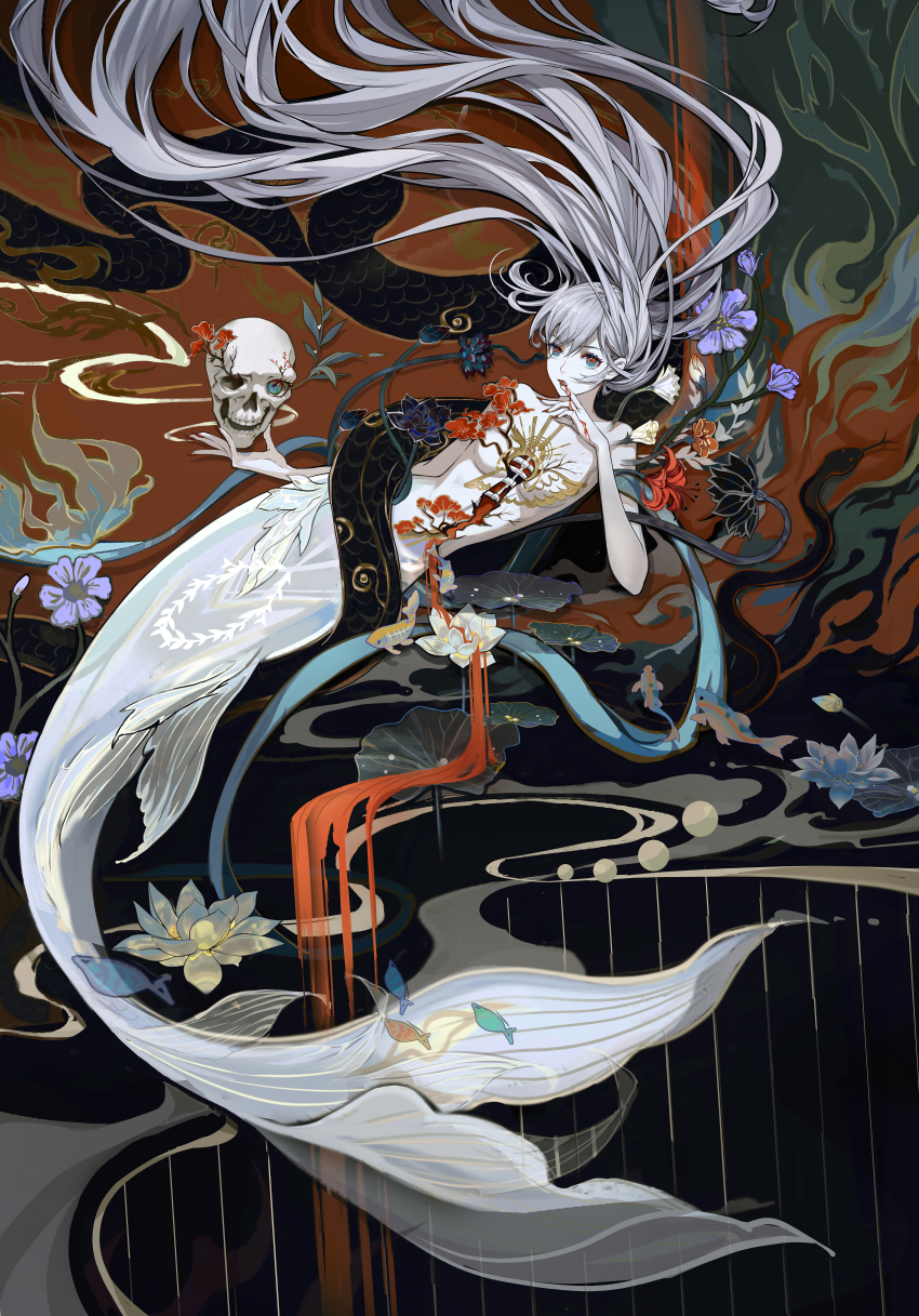 1girl absurdres aqua_eyes bone branch fins floating_hair flower full_body grey_hair highres long_hair looking_at_viewer mermaid monster_girl multicolored_eyes original purple_flower shadow shan_gui_yu_yao skull solo two-tone_eyes very_long_hair white_flower