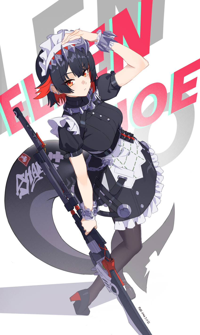 1girl absurdres artist_name black_dress black_hair black_pantyhose black_shoes breasts character_name colored_inner_hair dated dress ear_piercing ellen_joe fins fish_tail fled from_above highres holding holding_weapon looking_at_viewer looking_up maid maid_headdress medium_breasts multicolored_hair orange_eyes pantyhose piercing puffy_short_sleeves puffy_sleeves red_eyes red_hair shadow shark_girl shark_tail shoes short_hair short_sleeves solo tail two-tone_hair weapon wrist_cuffs zenless_zone_zero