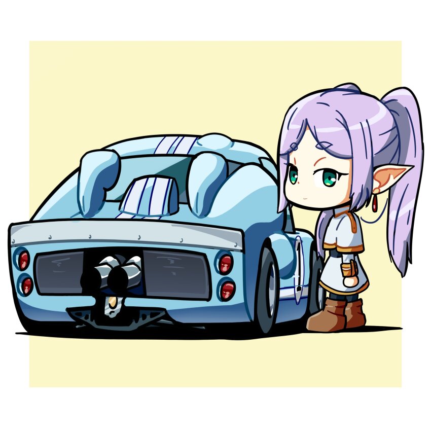 1girl absurdres black_pantyhose boots border brown_boots car chibi duz earrings expressionless ford ford_gt40 frieren green_eyes hair_behind_ear highres jacket jewelry looking_at_viewer motor_vehicle outside_border pantyhose parted_bangs pointy_ears purple_hair race_vehicle racecar shadow skirt solo sousou_no_frieren twintails vehicle_focus white_border white_jacket white_skirt world_sportscar_championship yellow_background