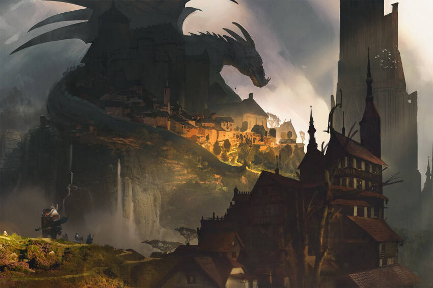 4others animal_focus building city cityscape colossus commentary dragon english_commentary exphrasis fantasy fog grey_sky highres horns house multiple_others original outdoors painterly realistic road scenery simple_bird sky tail very_wide_shot water waterfall western_dragon wings