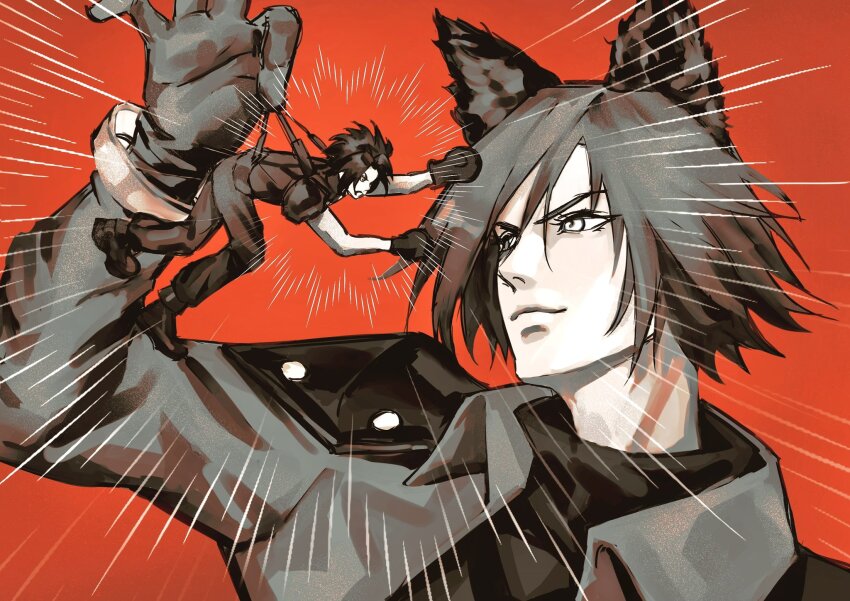2boys animal_ears arm_up arms_up closed_mouth collared_jacket commentary crisis_core_final_fantasy_vii emphasis_lines english_commentary eye_contact final_fantasy final_fantasy_vii flat4444 genesis_rhapsodos gloves highres jacket kemonomimi_mode lifting_person limited_palette long_sleeves looking_at_another male_focus mini_person miniboy multiple_boys pants popped_collar red_background simple_background smile spiked_hair suspenders turtleneck wing_collar zack_fair