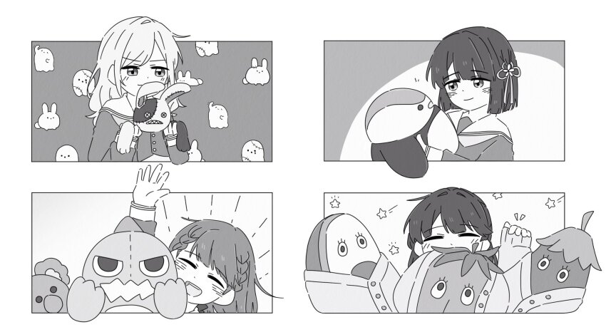 4girls :d blush braid cardigan ceras_yanagida_lilienfeld closed_mouth flower_knot gonzales_(love_live!) greyscale hasu_no_sora_school_uniform highres kachimachi_kosuzu koala_maneo link!_like!_love_live! long_hair long_sleeves love_live! momose_ginko monochrome multiple_girls murano_sayaka neckerchief open_cardigan open_clothes open_mouth rabbit sailor_collar school_uniform short_hair side_ahoge side_braids sidelocks sleeves_past_wrists smile star_(symbol) stuffed_animal stuffed_avocado stuffed_bird stuffed_eggplant stuffed_rabbit stuffed_tomato stuffed_toy teeth tsuru_(love_live!) upper_teeth_only virtual_youtuber winter_uniform zueka27