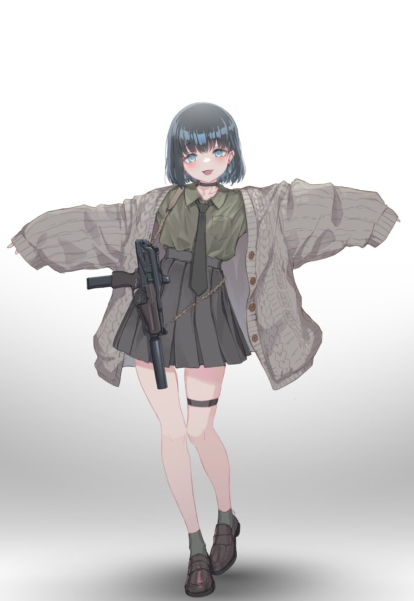 1girl absurdres black_hair blue_eyes cardigan choker fang full_body gun highres loafers looking_at_viewer necktie oota_youjo open_cardigan open_clothes open_mouth original outstretched_arms shoes short_hair skirt sleeves_past_fingers sleeves_past_wrists smile solo spread_arms sr-2_veresk submachine_gun thigh_strap weapon