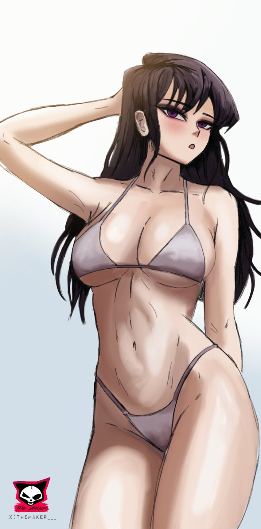 bare_hips bare_shoulders breasts hand_up highres komi-san_wa_komyushou_desu komi_shouko large_breasts long_hair looking_to_the_side open_mouth purple_eyes purple_hair sketch swimsuit themaker upper_body