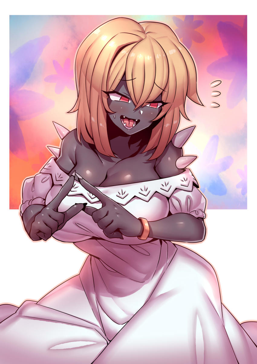1girl bare_shoulders black_skin blonde_hair blush breasts cerbera_(hdoom) cleavage collarbone colored_skin dark-skinned_female dark_skin demon_girl doom_(series) dress fingernails hair_between_eyes hdoom highres imp_(doom) jewelry large_breasts open_mouth red_eyes short_hair smile solo spikes tukiwani