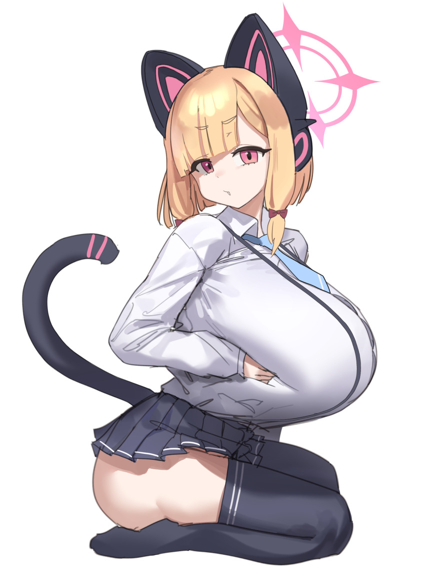 1girl absurdres alternate_breast_size animal_ear_headphones animal_ears black_skirt black_thighhighs blonde_hair blue_archive blue_necktie bow breasts cat_ear_headphones collared_shirt fake_animal_ears fake_tail full_body gya_rb hair_bow halo headphones highres huge_breasts long_sleeves looking_at_viewer looking_to_the_side momoi_(blue_archive) necktie pink_eyes pink_halo red_bow revision seiza shirt simple_background sitting skirt solo tail thighhighs white_background white_shirt