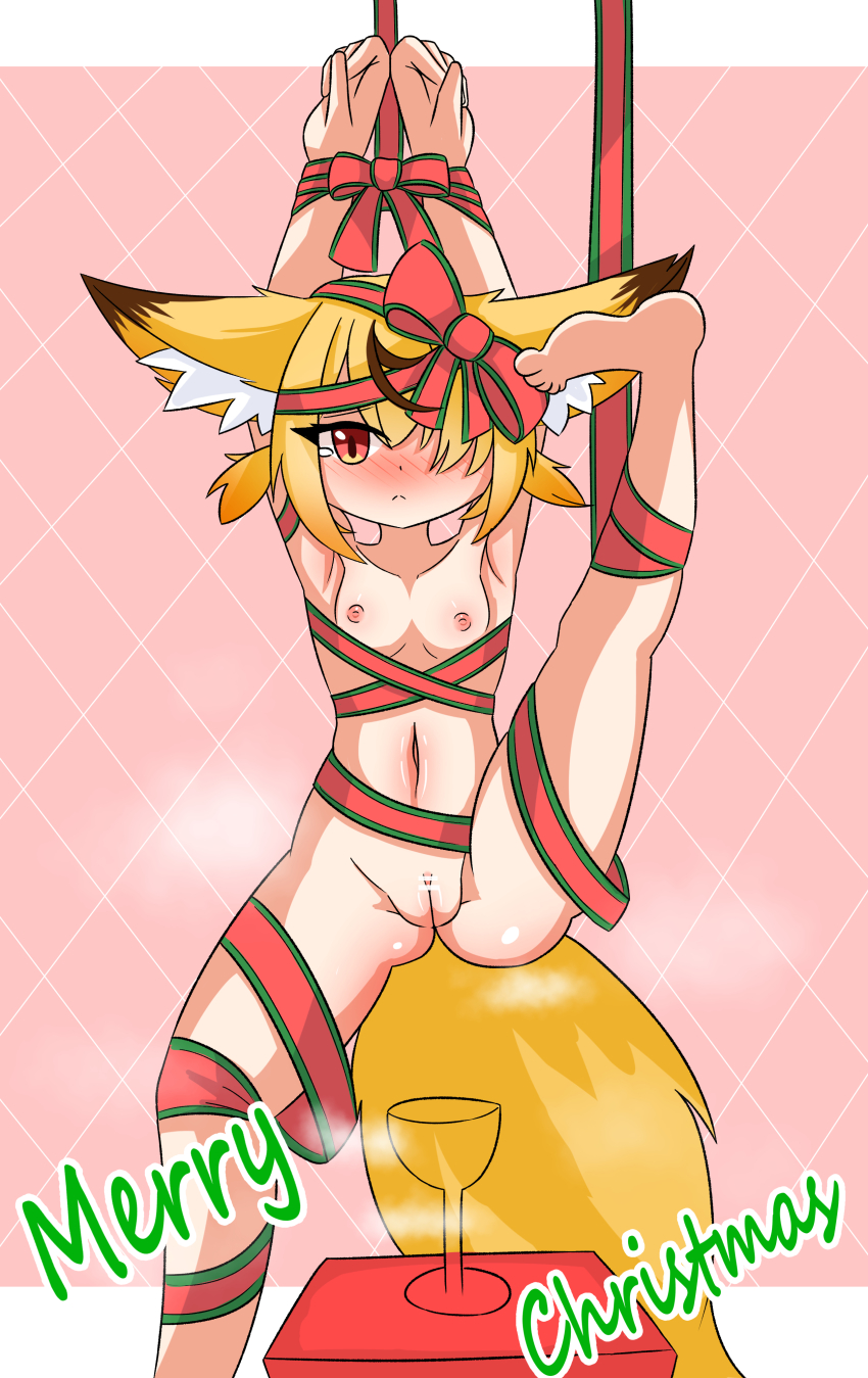 1girl absurdres animal_ears bar_censor barefoot bdsm blonde_hair blush bondage bound bound_wrists censored christmas collarbone cup drinking_glass embarrassed fish_neko flat_chest fox_ears fox_girl fox_tail hair_over_one_eye highres looking_at_viewer merry_christmas navel nipples nude orange_eyes original pink_background pussy red_ribbon ribbon short_hair simple_background standing standing_on_one_leg steam tail tears