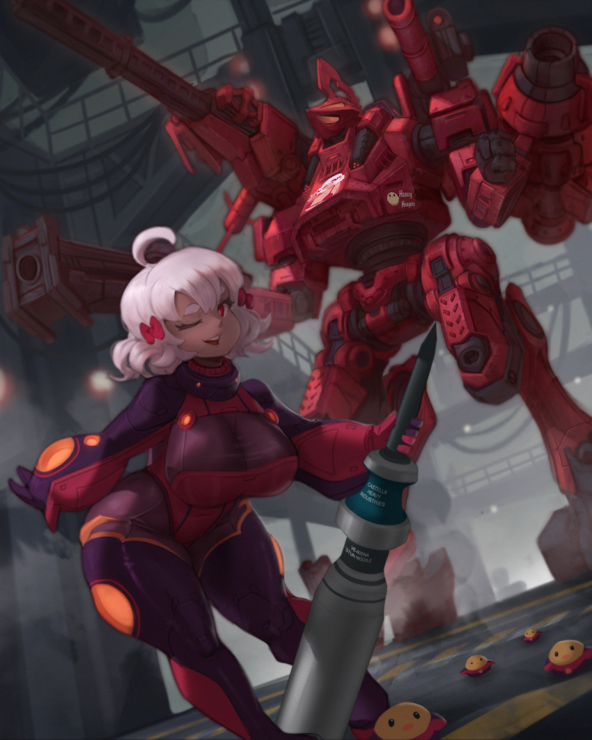1girl absurdres ahoge ammunition armor armor-piercing_ammunition armor-piercing_discarding_sabot armor-piercing_fin-stabilized_discarding_sabot armored_core armored_core_vi:_fires_of_rubicon bodysuit bow breasts cleavage commission contrapposto curvy dutch_angle hair_bow highres huge_breasts indie_virtual_youtuber kinetic_energy_penetrator mecha mimi_(henemimi) one_eye_closed purple_bodysuit raised_eyebrow red_bow red_eyes robot sabot see-through_cleavage see-through_clothes shell_(projectile) shortstack solo sub-caliber_ammunition supersonic_ammunition thick_thighs thighs virtual_youtuber white_hair wide_hips zhjake