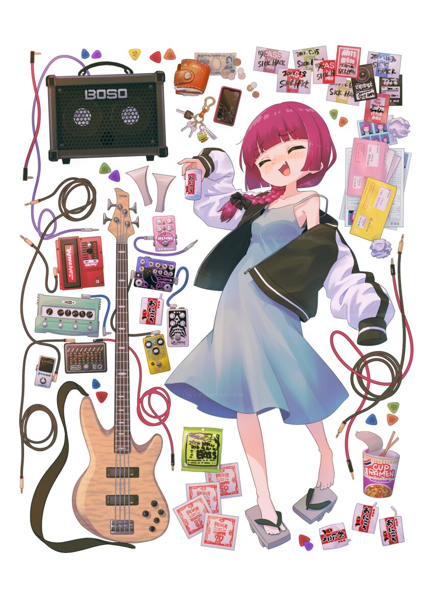 1girl absurdres alcohol_carton amplifier audio_cable audio_jack bachi bass_guitar black_bow blunt_bangs blush bocchi_the_rock! bow braid braided_ponytail can cellphone charm_(object) chopsticks closed_eyes coin cracked_phone cup_ramen dress effects_pedal fang full_body geta green_dress guitar_strap hair_over_shoulder highres hiroi_kikuri holding holding_can id_photo instrument jacket jacket_partially_removed key mail nakamori_kemuri phone pigeon-toed plectrum red_hair single_bare_shoulder single_braid skin_fang smartphone speaker standing strap_slip sundress ticket wallet