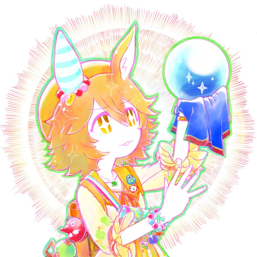 1girl :3 animal_ears arm_up aura backpack bag ball bead_bracelet beads beret bracelet collarbone colored_skin commentary_request cross-shaped_pupils crystal_ball dress ear_covers flipped_hair four-leaf_clover_necklace green_outline hand_up hat highres holding holding_ball horse_ears horse_girl jewelry looking_at_object matikanefukukitaru_(good_omen_first_storm)_(umamusume) matikanefukukitaru_(umamusume) official_alternate_costume orange_hair orange_hat outline parted_lips serious short_hair shoulder_bag single_ear_cover three-quarter_sleeves solo sparkle sumiism symbol-shaped_pupils umamusume upper_body v-shaped_eyebrows white_background white_skin yellow_dress yellow_eyes