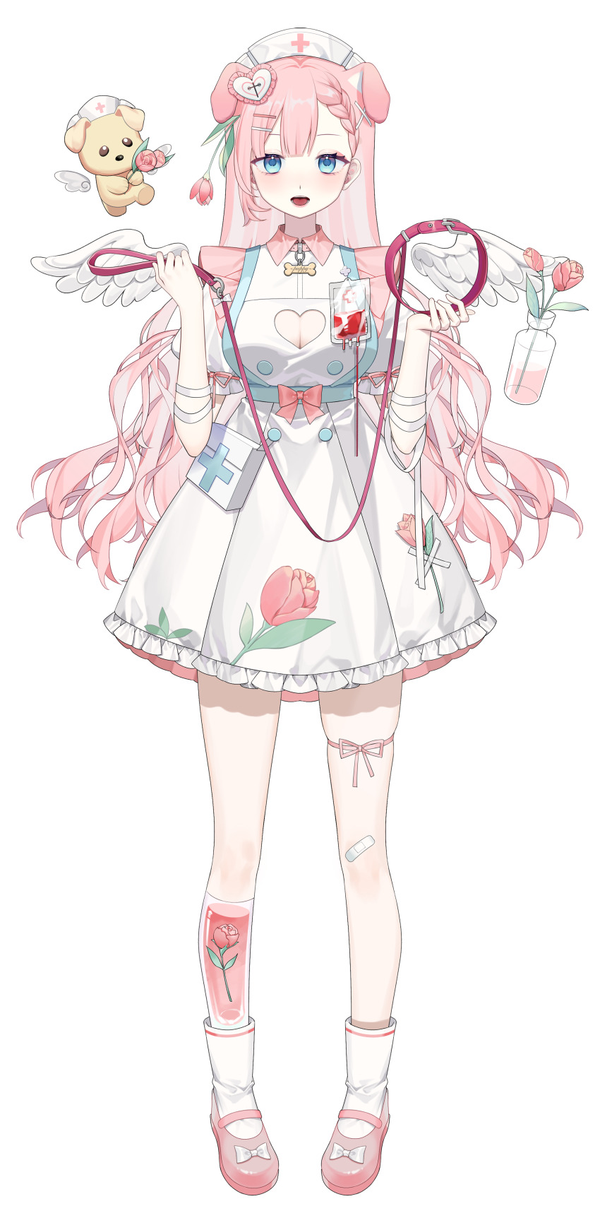 1girl :d absurdres animal_ears arm_ribbon bandaid bandaid_on_knee bandaid_on_leg blood blood_bag blue_eyes bow braid braided_bangs cleavage_cutout clothing_cutout collar collared_dress detached_wings dog dog_ears dress feathered_wings floating floral_print flower footwear_bow frilled_dress frills full_body hair_flower hair_ornament hands_up hat heart_cutout highres holding holding_collar holding_flower holding_leash leash leg_ribbon long_hair looking_at_viewer mary_janes nurse nurse_cap official_art open_mouth pink_flower pink_hair pink_liquid pink_ribbon pink_shoes pouch puffy_short_sleeves puffy_sleeves puppy ribbon see-through_body shoes short_dress short_sleeves skindentation smile socks solo standing stardust_project straight-on tachi-e thigh_ribbon transparent_background unworn_collar vase very_long_hair virtual_youtuber wavy_hair white_bow white_dress white_ribbon white_socks white_wings wings witch_hat yuanshui yuriy_(stardust_project)