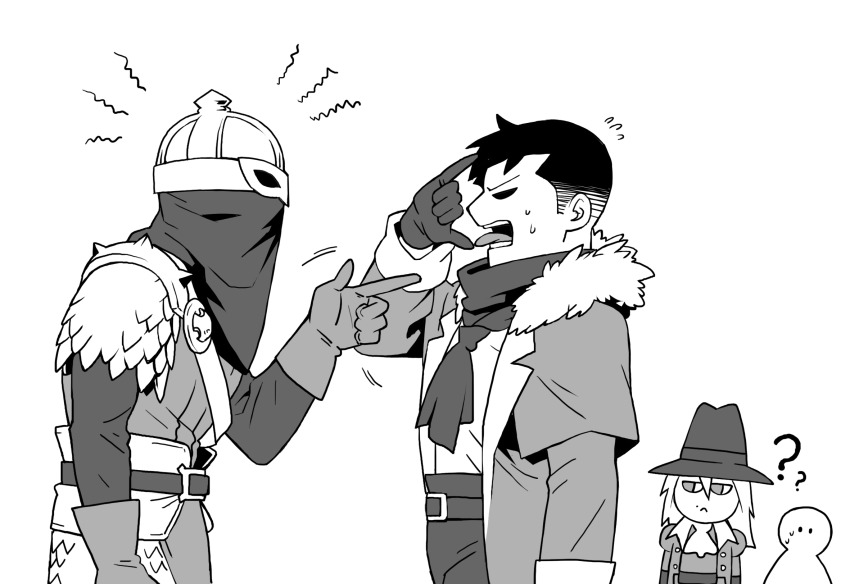 1girl 2boys \m/ armor ascot bandana bounty_hunter_(darkest_dungeon) capotain coat darkest_dungeon fur_trim gloves graverobber_(darkest_dungeon) greyscale helmet highres highwayman_(darkest_dungeon) long_hair monochrome multiple_boys overcoat scale_armor short_hair silhouette varamill veil