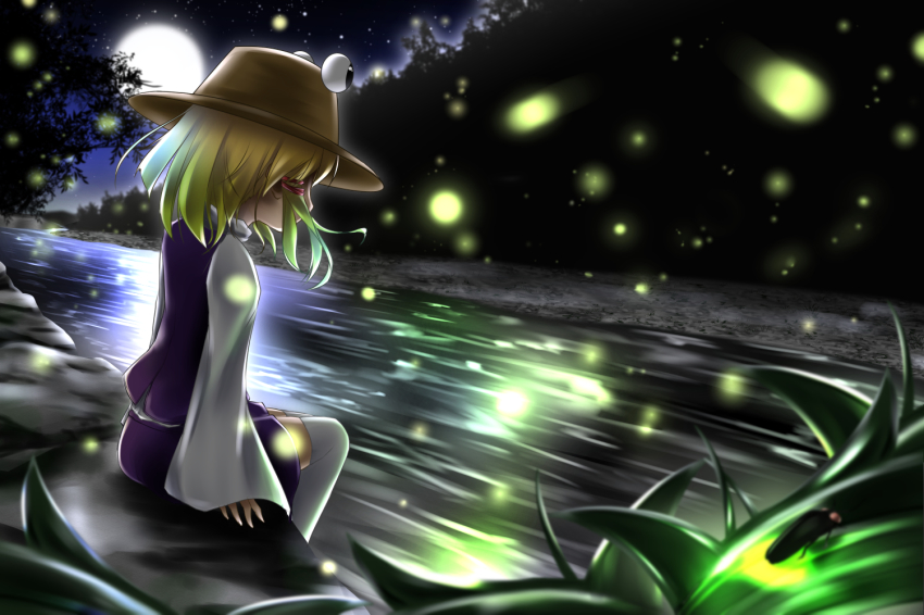 1girl aru0607 blonde_hair brown_hat bug dutch_angle facing_away female_focus fireflies firefly forest full_moon grass hair_ribbon hat insect long_sleeves moon moriya_suwako nature night on_rock outdoors ribbon river rock scenery sidelocks sitting skirt skirt_set sky sleeves_past_wrists solo star_(sky) starry_sky thighhighs touhou white_thighhighs