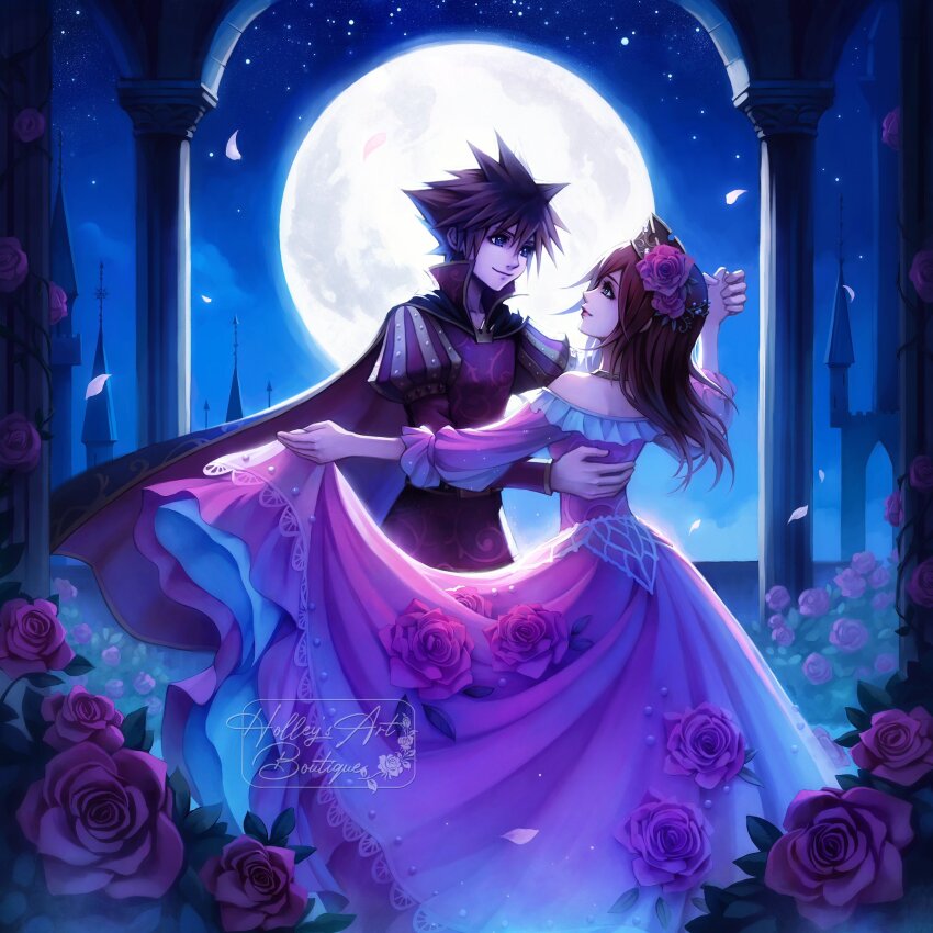 1boy 1girl alternate_costume artist_name blue_eyes brown_hair closed_mouth commentary dancing dress english_commentary flower formal_clothes hair_flower hair_ornament highres holding_hands hollypolllyy kairi_(kingdom_hearts) kingdom_hearts kingdom_hearts_ii lips long_hair long_sleeves looking_at_another moon night night_sky nomura_tetsuya_(style) outdoors petals pink_dress pink_flower pink_lips pink_rose pointy_hair profile red_hair rose sky smile sora_(kingdom_hearts) star_(sky) waltz_(dance)