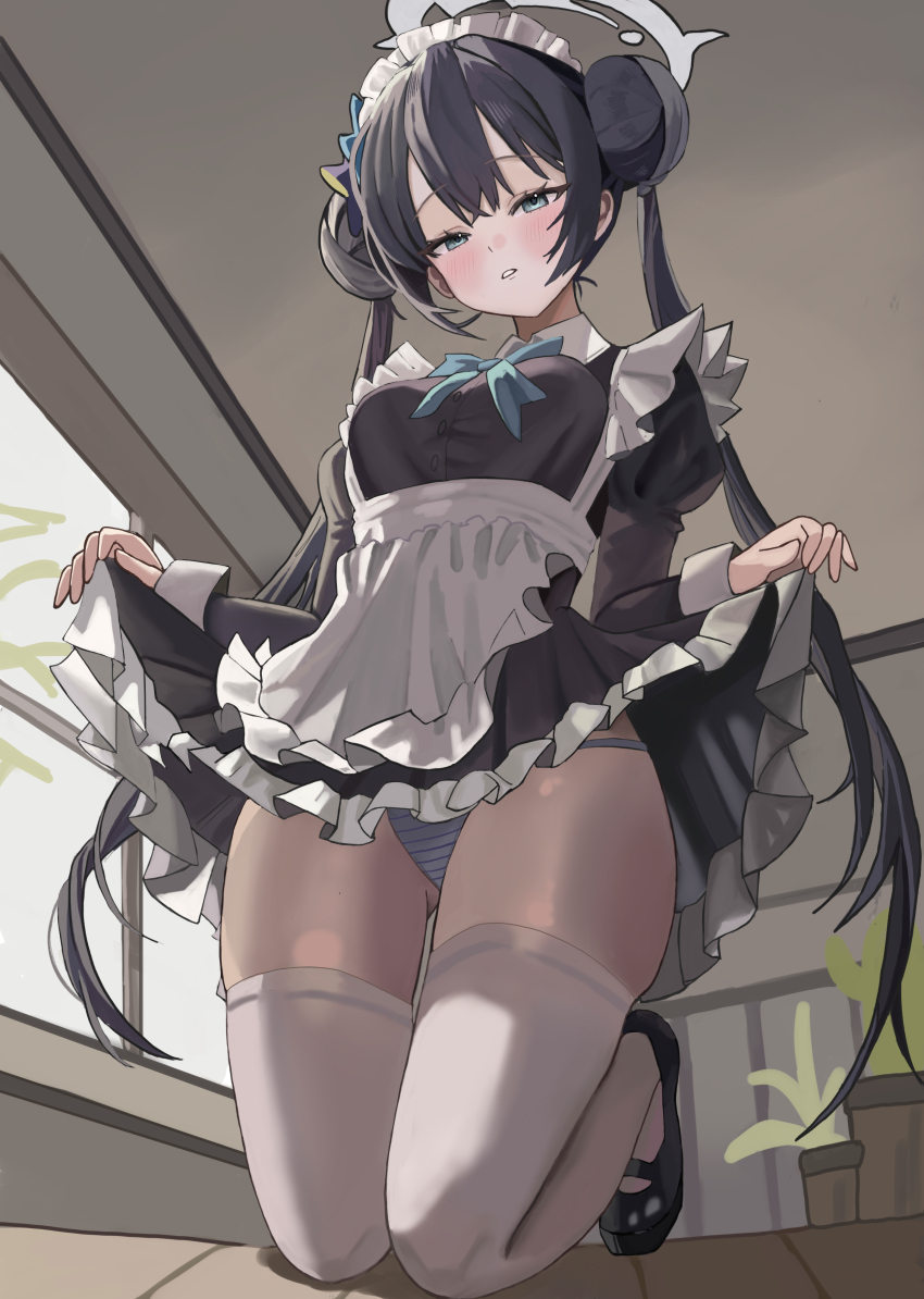 1girl absurdres alternate_costume apron black_dress black_hair black_shoes blue_archive blue_eyes blue_panties blush clothes_lift commentary double_bun dress from_below hair_bun hair_ornament highres kisaki_(blue_archive) kneeling long_hair looking_at_viewer maid maid_apron maid_headdress panties parted_lips shoes shogunx1x sidelocks skirt skirt_lift solo striped_clothes striped_panties thighhighs twintails underwear white_apron white_thighhighs