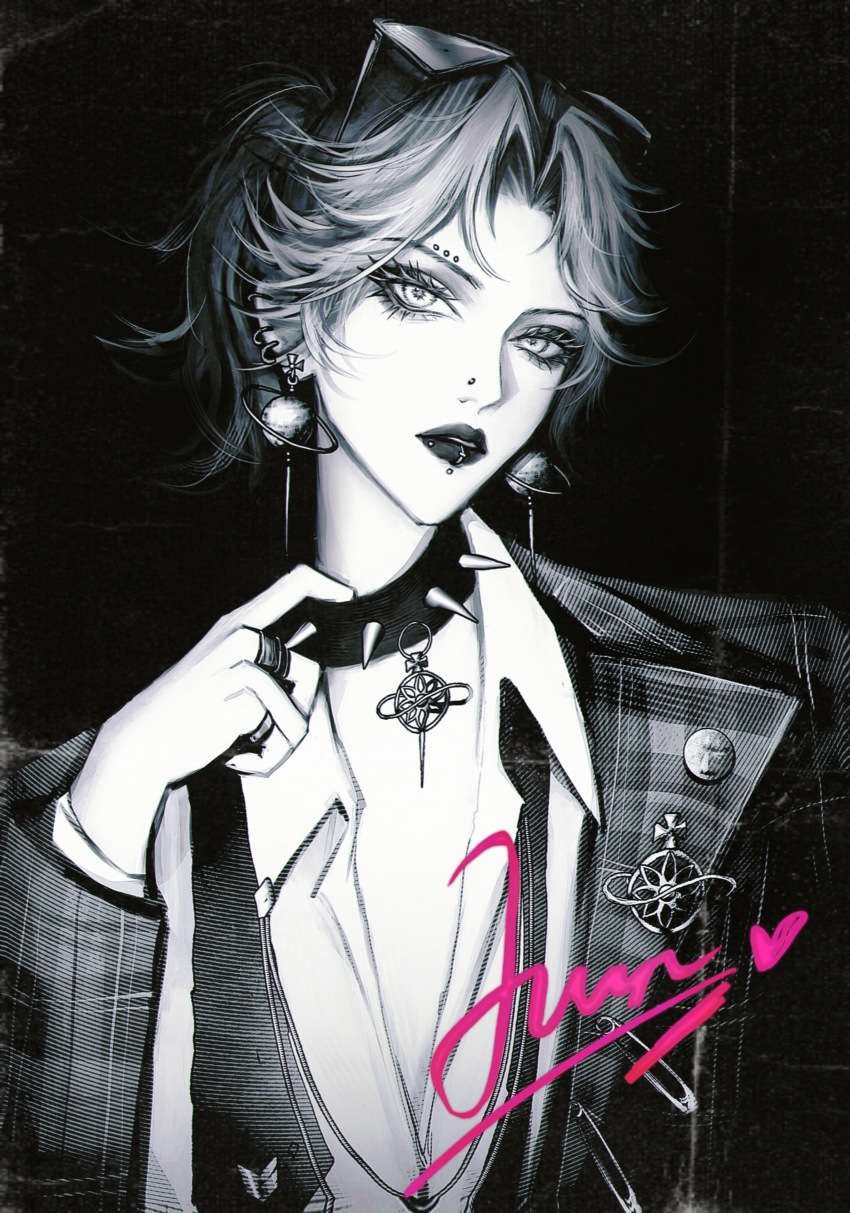 1girl absurdres adjusting_choker character_signature checkered_clothes checkered_jacket chinese_commentary choker collared_shirt commentary curtained_hair dress_shirt earclip eyebrow_piercing eyeliner eyewear_on_head forehead greyscale highres jacket joan_(path_to_nowhere) lapel_pin lip_piercing looking_at_viewer makeup monochrome nose_piercing official_alternate_costume parted_bangs parted_lips partially_unbuttoned path_to_nowhere piercing planet_earrings ponytail safety_pin shirt simple_background solo spiked_choker spikes suit_jacket triangle_eyewear yu_zhezhe