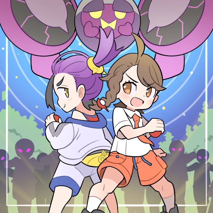 1boy 1girl bag black_hair braid brown_hair chibi hair_ornament highres holding holding_poke_ball jacket juliana_(pokemon) kieran_(pokemon) long_sleeves mochi_mochi_dance mole mole_on_neck multicolored_hair naranja_academy_school_uniform necktie nintendo open_mouth orange_eyes orange_necktie orange_shorts pecharunt poke_ball poke_ball_(basic) pokemon pokemon_(creature) pokemon_sv purple_hair rgurei0529 school_uniform shirt short_sleeves shorts socks white_jacket white_shirt white_shorts white_socks yellow_bag yellow_eyes