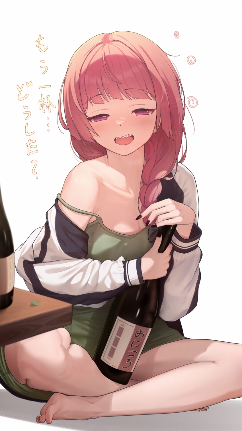 1girl absurdres barefoot black_nails bocchi_the_rock! bottle commentary_request dress drunk green_dress half-closed_eyes highres hiroi_kikuri holding holding_bottle indian_style indoors jacket kamory long_sleeves looking_at_viewer off_shoulder open_clothes open_jacket open_mouth pink_eyes pink_hair sharp_teeth simple_background sitting smile solo squiggle strap_slip teeth translation_request white_background white_jacket wine_bottle