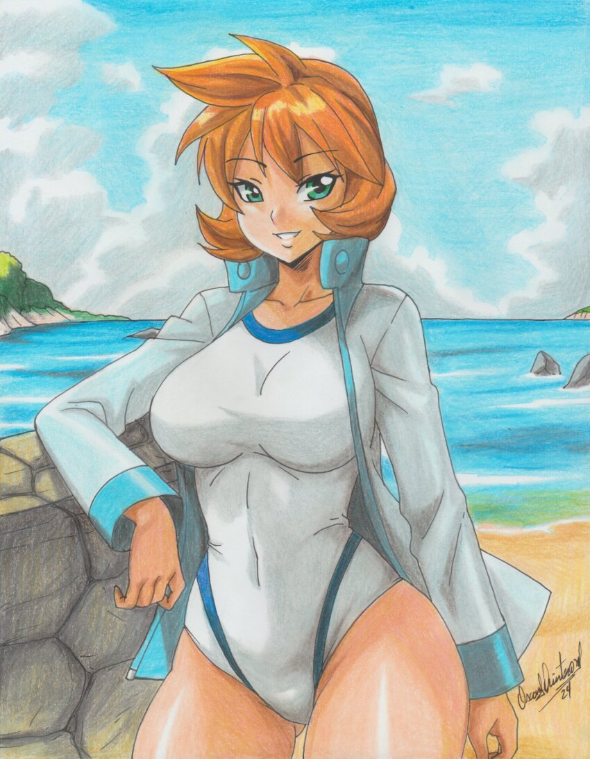 1girl absurdres aged_up beach blue_sky breasts cloud competition_swimsuit covered_navel curvy day game_freak gen_1_pokemon green_eyes grin gym_leader highres jacket large_breasts long_sleeves looking_at_viewer misty_(pokemon) navel nintendo ocean one-piece_swimsuit open_clothes open_jacket orange_hair outdoors pokemon pokemon_hgss ravernclouk_design rock shiny_skin short_hair sky smile solo sportswear swimsuit thick_thighs thighs track_jacket water white_one-piece_swimsuit wide_hips