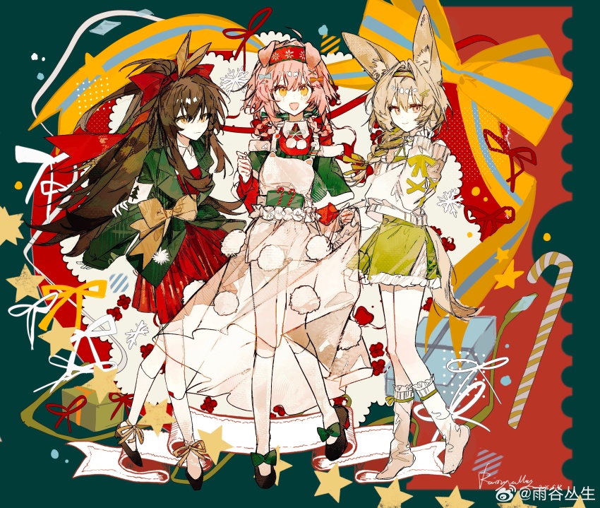 3girls :d absurdres animal_ear_request animal_ears arknights black_shoes blonde_hair bow braid brown_hair buqiyong candy candy_cane cat_ears cat_girl character_request dress food goldenglow_(arknights) goldenglow_(maiden_for_the_bright_night)_(arknights) green_eyes hair_bow hair_over_shoulder hairband high_heels highres kneehighs long_hair long_sleeves medium_hair multiple_girls open_mouth orange_dress orange_hairband ponytail red_dress red_hairband see-through_clothes see-through_dress shoes smile socks standing sweater white_dress white_socks white_sweater