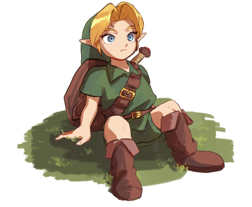 1boy arm_support belt blonde_hair blue_eyes boots brown_belt brown_boots closed_mouth commentary_request deku_shield full_body gem green_gemstone green_hat green_tunic hat kokiri_sword link nintendo on_grass outstretched_arms shield shield_on_back shoulder_belt simple_background sitting solo sword sword_on_back the_legend_of_zelda the_legend_of_zelda:_ocarina_of_time tunic weapon weapon_on_back white_background wooden_shield yamori_(yamoooon21) young_link