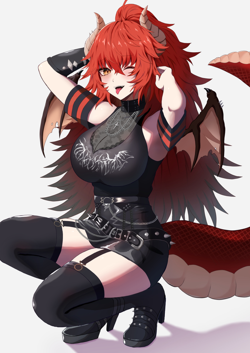 1girl absurdres belt black_belt black_collar black_footwear black_garter_straps black_skirt black_thighhighs breasts character_name cleavage clothes_writing collar cross cross_necklace dragon_girl dragon_horns dragon_tail dragon_wings garter_straps high_heels highres horns jewelry large_breasts looking_at_viewer meibin necklace one_eye_closed open_mouth red_hair shirt skirt smile solo spiked_belt spiked_collar spikes tail thighhighs tongue tongue_out virtual_youtuber vshojo white_background wings yellow_eyes zentreya zentreya_(dragon) zentreya_(dragon)_(metalheads) zentreya_(dragon)_(metalheads)