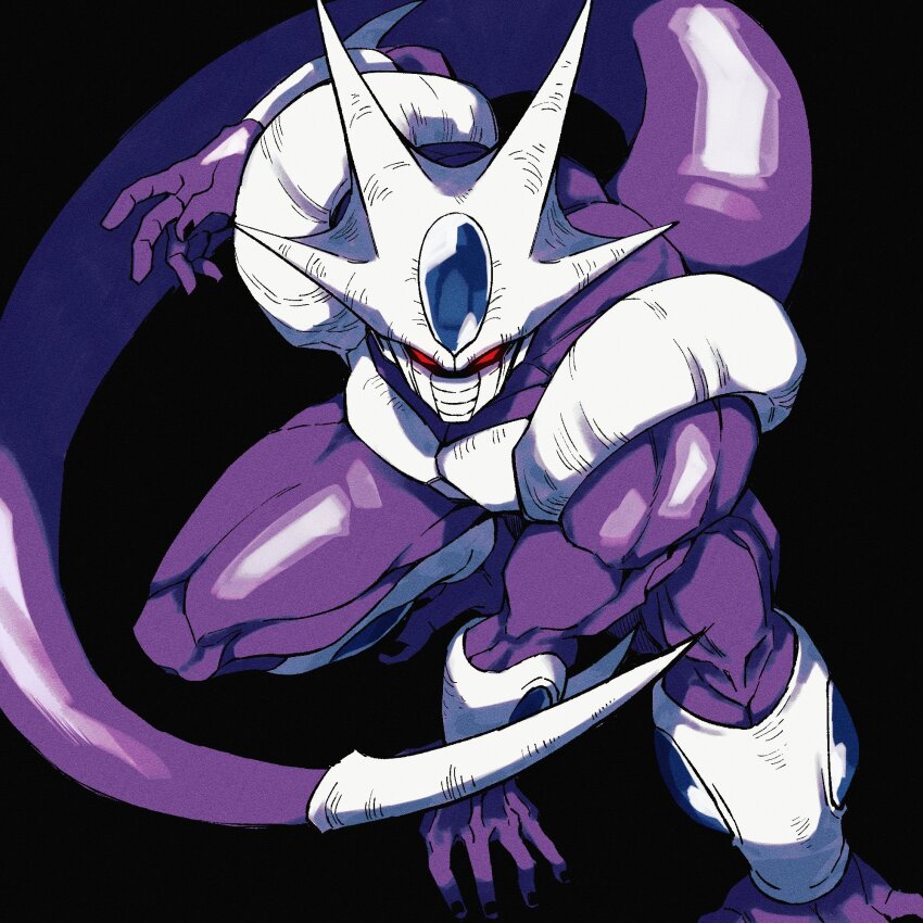 1boy alien black_background black_nails colored_skin cooler_(dragon_ball) cooler_(fifth_form)_(dragon_ball) dragon_ball dragonball_z highres living_(nsiring) looking_at_viewer male_focus mask mouth_mask muscular muscular_male no_pupils purple_skin red_eyes solo tail white_skin