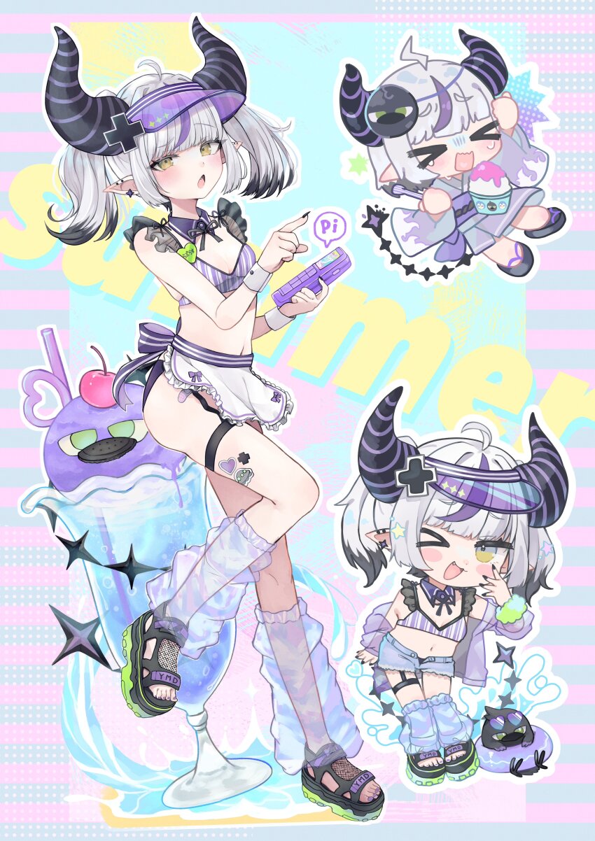 &gt;_&lt; &gt;_o 1girl absurdres ahoge alternate_costume bikini black_horns breasts chibi cleavage commentary_request earrings grey_hair highres hololive horns jewelry la+_darknesss looking_at_viewer multicolored_hair multiple_views nemuta_muu one_eye_closed open_mouth pointy_ears purple_hair shoes short_hair small_breasts streaked_hair striped_bikini striped_clothes striped_horns swimsuit toes twintails vertical-striped_bikini vertical-striped_clothes virtual_youtuber visor_cap yellow_eyes