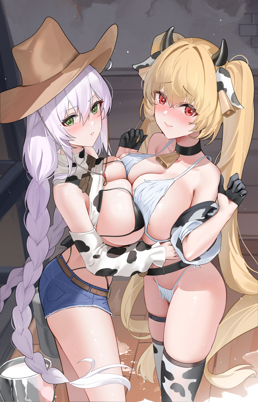 2girls absurdres animal_ears animal_print ass azur_lane bare_shoulders bell belt bikini black_bikini black_choker black_gloves blonde_hair blue_shorts blush braid breast_press breasts brown_hat choker cleavage closed_mouth cow_ears cow_horns cow_print cow_print_thighhighs cowbell cowboy_hat cutoffs denim denim_shorts detached_sleeves embarrassed fake_animal_ears fake_horns fargo_(azur_lane) fargo_(dairy_in_the_dreary_sun)_(azur_lane) from_side gloves green_eyes half_gloves hands_up hat highleg highleg_bikini highres horns kersaint_(a_saint&#039;s_mercy_can_do_no_wrong)_(azur_lane) kersaint_(azur_lane) large_breasts long_hair long_sleeves looking_at_viewer looking_to_the_side micro_shorts multiple_girls nose_blush official_alternate_costume parted_lips print_thighhighs qing_wu red_eyes short_shorts shorts shrug_(clothing) skindentation sleeveless smile standing string_bikini sweatdrop swimsuit symmetrical_docking thigh_strap thighhighs thighs twin_braids twintails very_long_hair white_bikini white_hair white_shrug white_thighhighs yuri