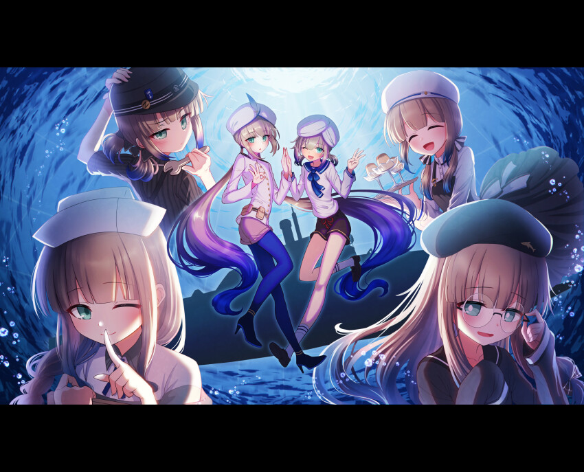 1boy 5others androgynous aqua_eyes baker_nemo_(fate) beret black_shorts blue_dress blue_pantyhose captain_nemo_(fate) captain_nemo_(first_ascension)_(fate) closed_eyes dress engineer_nemo_(fate) fate/grand_order fate_(series) finger_to_mouth glasses hat highres index_fingers_raised marine_nemo_(fate) multiple_others nemo_(fate) nurse_nemo_(fate) palms_together pantyhose pinafore_dress professor_nemo_(fate) shell_ocean shorts shushing sleeveless sleeveless_dress trap turban white_hair
