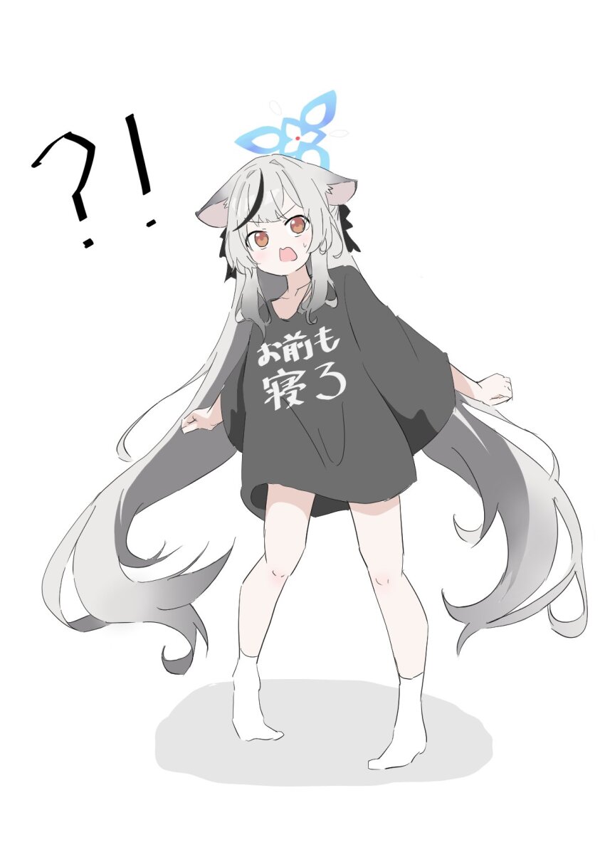 !? 1girl animal_ears bare_arms bare_legs black_hair black_shirt blue_archive blue_halo breasts clothes_writing collarbone commentary_request gradient_hair grey_hair hair_between_eyes hair_ornament halo highres kokona_(blue_archive) long_hair looking_at_viewer multicolored_hair orange_eyes outstretched_arms oversized_clothes shirt simple_background socks straight_hair streaked_hair tiger_ears tovjiw6kok72805 two-tone_hair v-shaped_eyebrows very_long_hair wavy_mouth white_background white_socks