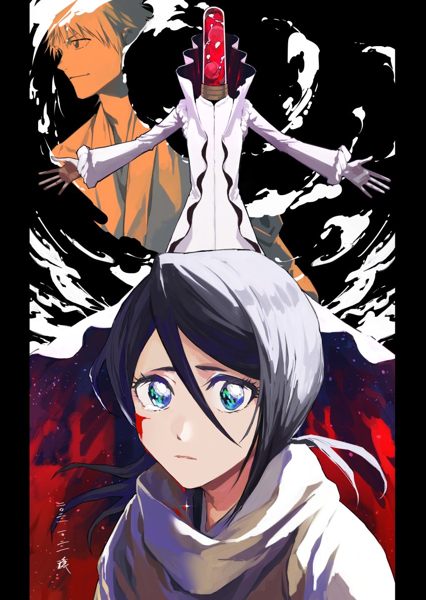 aaroniero_arruruerie absurdres asymmetrical_gloves black_hair bleach blood blood_on_face blue_eyes brown_gloves character_request commentary gloves hair_between_eyes highres jacket japanese_clothes jou_(jo_jjo) kimono kuchiki_rukia long_hair long_sleeves looking_at_viewer mismatched_gloves open_clothes open_jacket parted_lips pillarboxed shiba_kaien shirt white_gloves white_jacket white_shirt