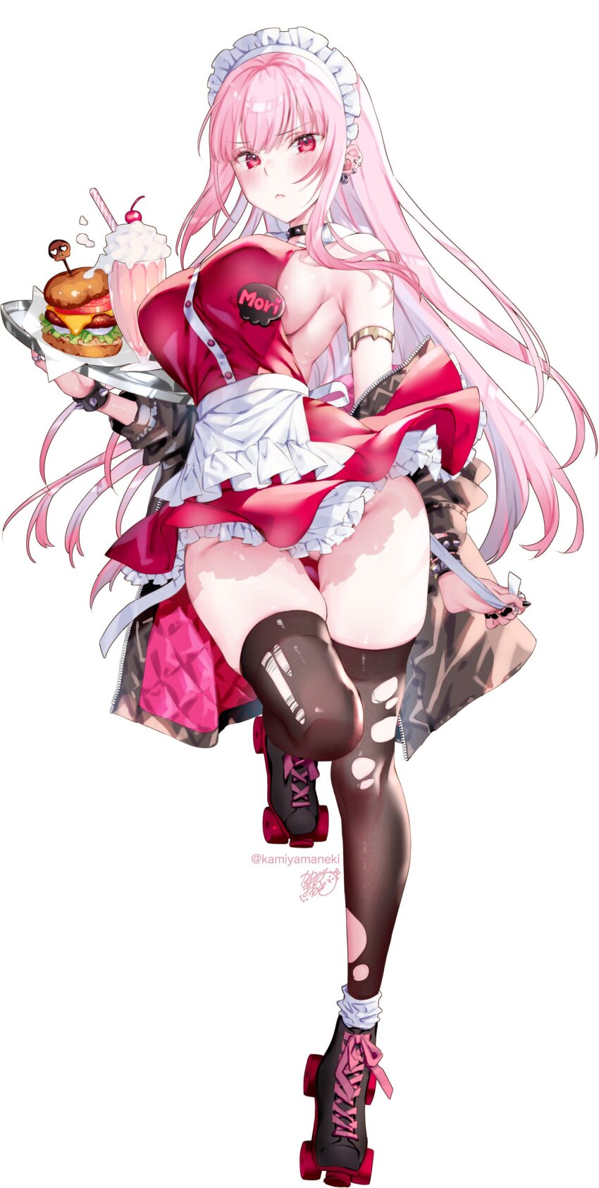 1girl :c absurdres alternate_costume apron apron_pull artist_name bare_shoulders black_choker black_footwear black_jacket black_nails black_thighhighs blush boots breasts burger cheese cherry choker closed_mouth clothes_pull commentary cup dress drinking_straw ear_piercing earrings fast_food feet_up food frilled_dress frills frown fruit full_body gluteal_fold groin hamburger_steak highres holding holding_tray hololive hololive_english jacket jewelry kamiya_maneki large_breasts lettuce long_hair long_sleeves looking_at_viewer maid maid_headdress mori_calliope multicolored_jacket nail_polish name_tag open_clothes open_jacket piercing pink_boots pink_dress pink_eyes pink_hair pink_jacket pink_lips pulling_own_clothes ring roller_skates sideboob signature simple_background skates skull_earrings skull_ornament smoothie socks solo spiked_choker spiked_wristband spikes symbol-only_commentary tachi-e thighhighs thighs tomato tomato_slice torn_clothes torn_thighhighs tray twitter_username two-sided_fabric two-sided_jacket two-tone_jacket very_long_hair virtual_youtuber waist_apron whipped_cream white_apron white_background white_socks