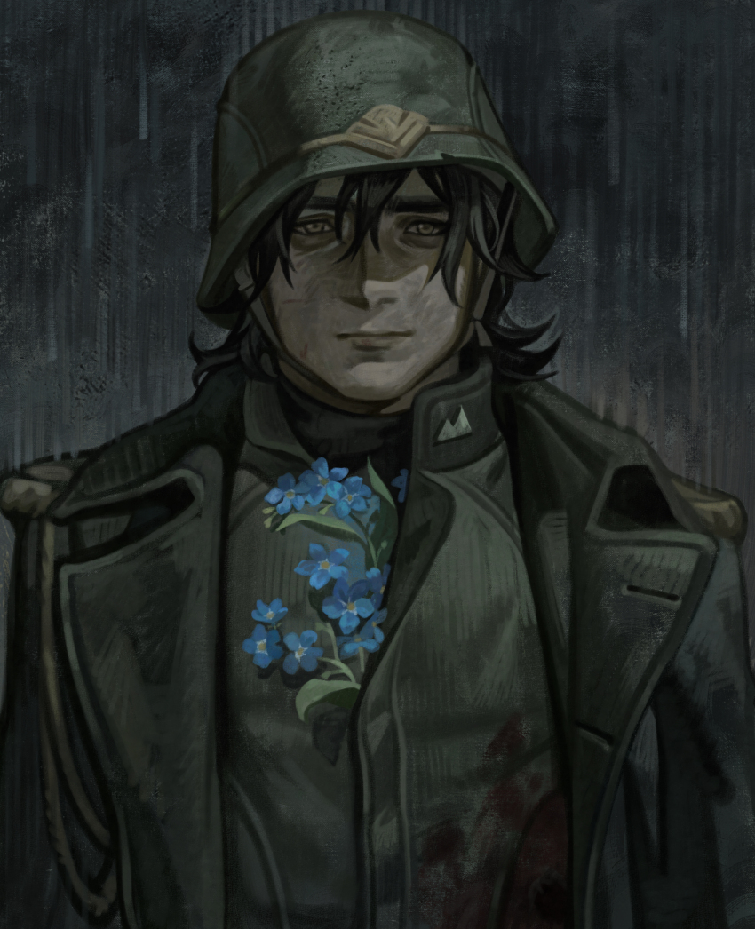 1boy absurdres bags_under_eyes black_coat black_hair blood blood_on_clothes brown_eyes coat combat_helmet dark flower flower_in_clothes forget-me-not_(flower) helmet highres looking_at_viewer male_focus military_uniform original partially_shaded_face rain short_hair silverheather soldier solo upper_body