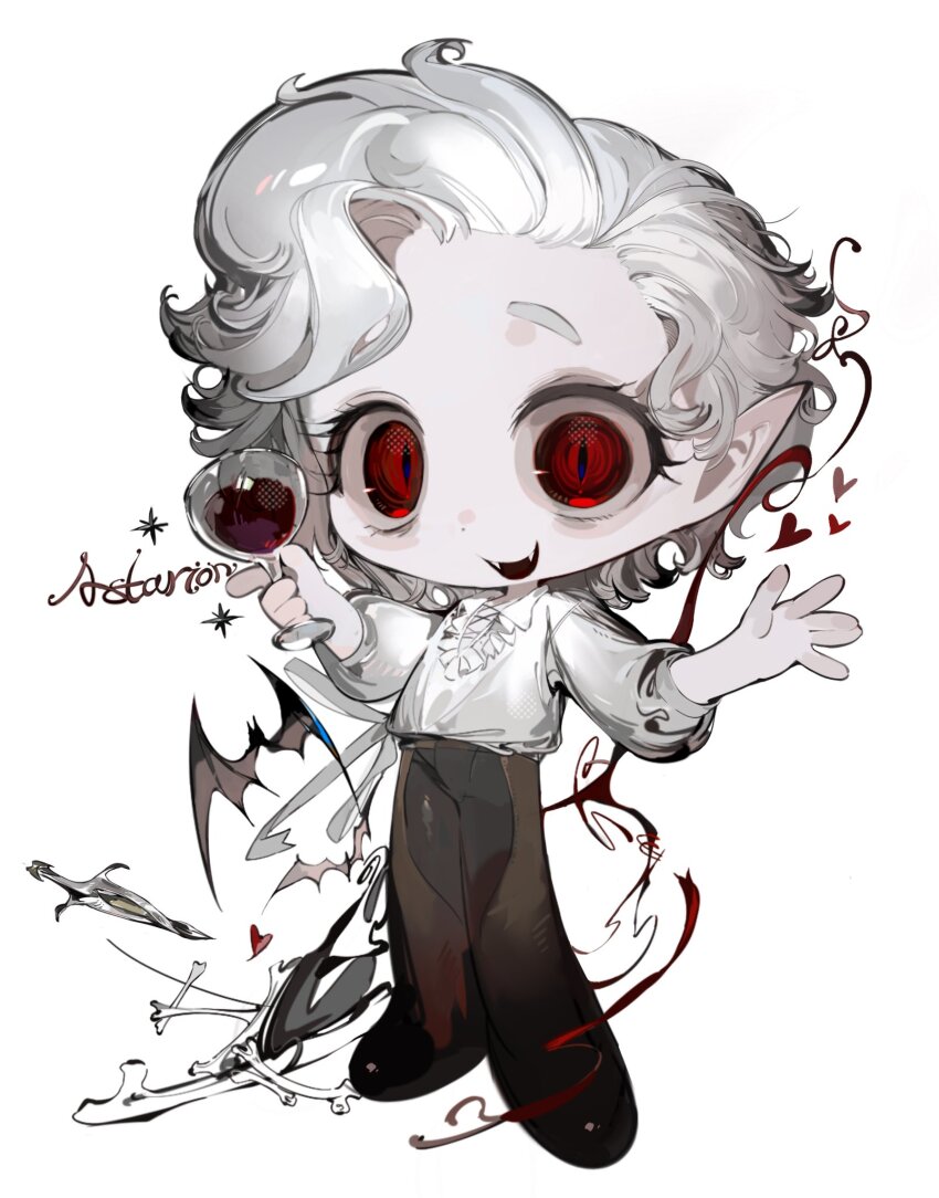 1boy alcohol animification astarion baldur&#039;s_gate baldur&#039;s_gate_3 bat_(animal) chibi cup curly_hair drinking_glass dungeons_&amp;_dragons dungeons_&amp;_dragons fangs full_body heart highres holding holding_cup pants poet_shirt red_eyes shirt short_hair slit_pupils solo vampire vihua6 white_background white_hair white_shirt wine wine_glass