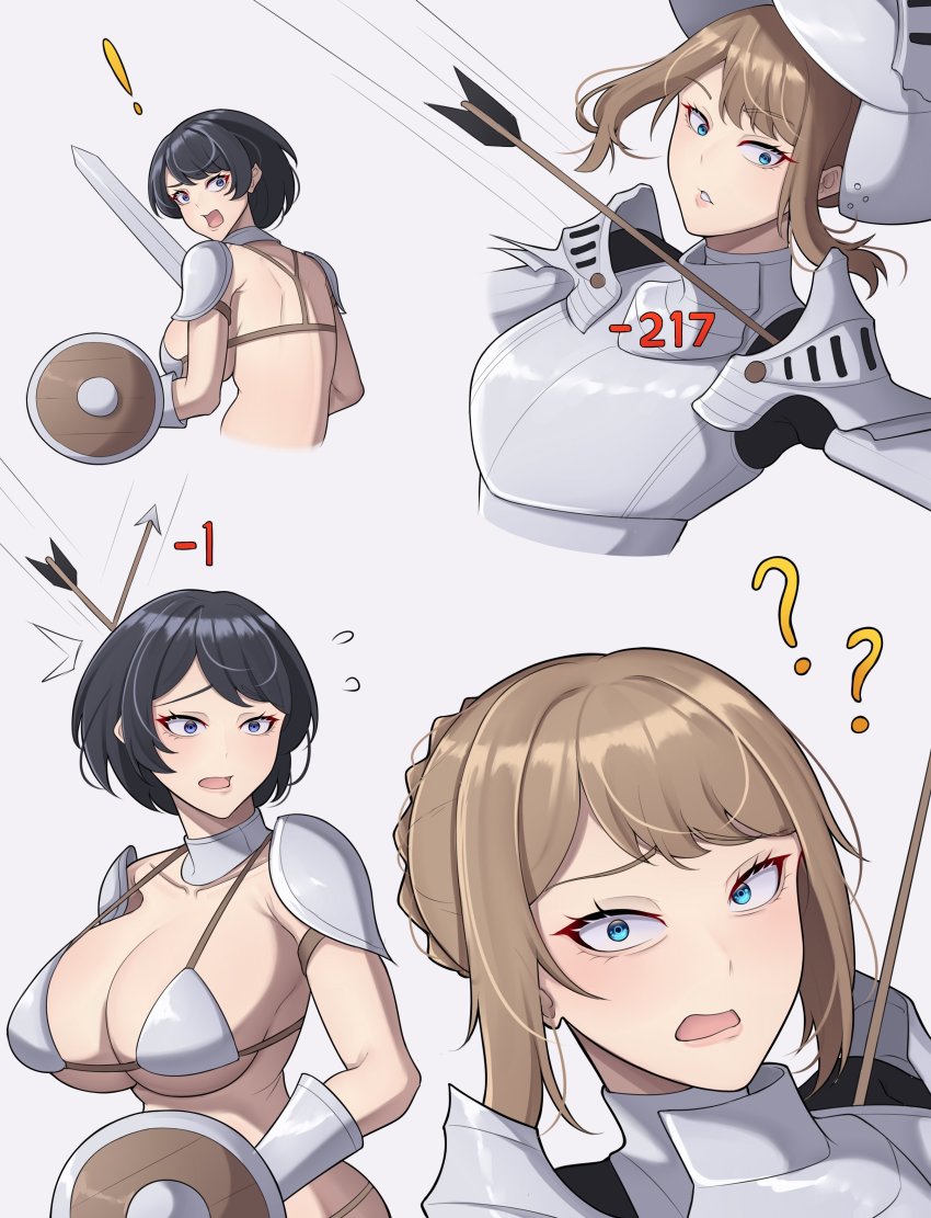 ! 2girls ? ?? absurdres armor band-width bikini_armor black_hair blue_eyes braid breasts broken_arrow brown_hair collar collarbone confused crown_braid full_armor gameplay_mechanics gauntlets unworn_headwear helmet unworn_helmet highres large_breasts metal_bikini metal_collar multiple_girls open_mouth original shield shoulder_armor sword weapon