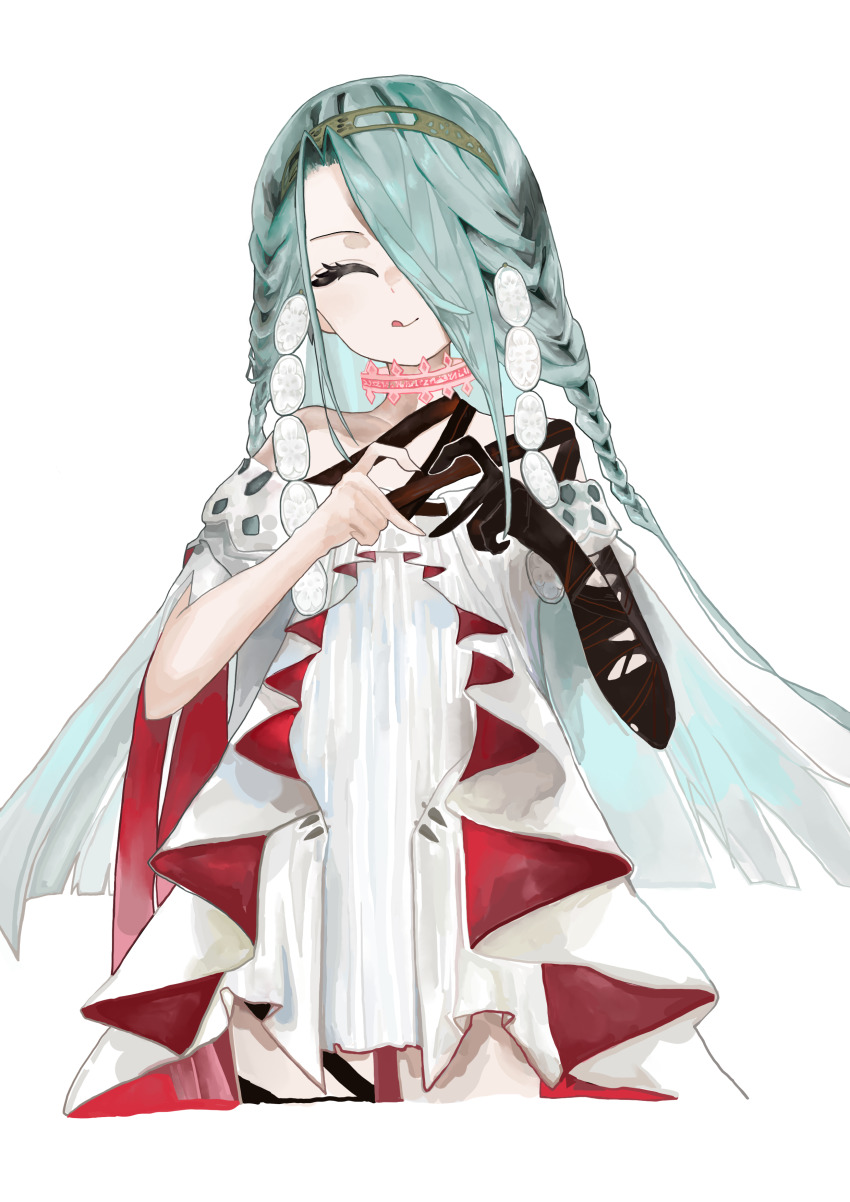1girl absurdres bare_shoulders black_gloves black_ribbon blush braid breasts closed_eyes dress fate/grand_order fate_(series) funengliang_(naidesu) gloves grey_hair hair_over_one_eye hairband highres licking_lips long_hair looking_at_viewer ribbon single_glove small_breasts smile thighs tongue tongue_out typhon_ephemeros_(fate) typhon_ephemeros_(first_ascension)_(fate) very_long_hair white_dress yellow_eyes