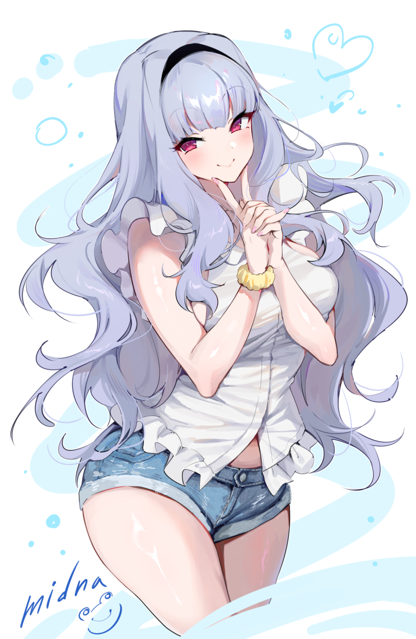 1girl black_hairband blue_shorts blush closed_mouth cowboy_shot denim denim_shorts fingernails grey_hair hairband hands_up heart highres idolmaster idolmaster_(classic) interlocked_fingers long_hair midnamana midriff_peek nail_polish own_hands_together pink_nails purple_eyes scrunchie shijou_takane shirt short_shorts shorts signature sleeveless sleeveless_shirt smile solo standing white_shirt wrist_scrunchie yellow_scrunchie