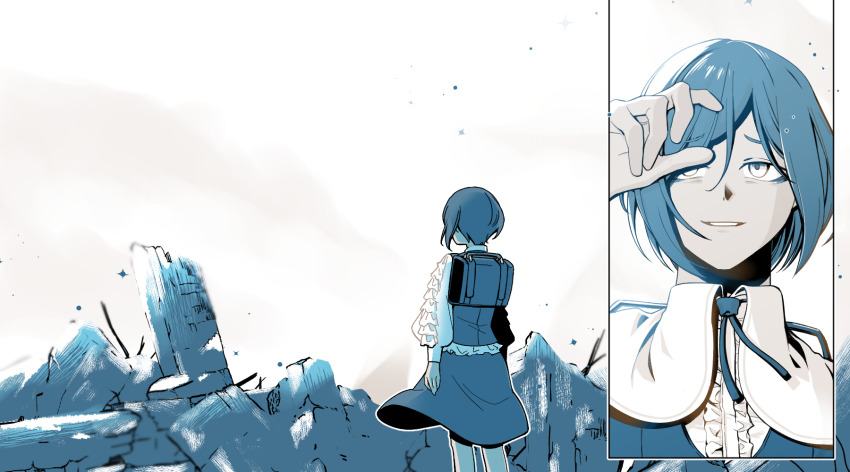 1girl b1ue_e4rth backpack bag blue_theme collared_shirt facing_away frilled_shirt frills from_behind fukurai_azami hair_between_eyes highres kisaragi_ayumi long_sleeves looking_at_viewer monochrome multiple_views open_mouth outdoors protected_link puffy_long_sleeves puffy_sleeves rubble ruins shirt short_hair sky smile spoilers standing toshi_densetsu_kaitai_center